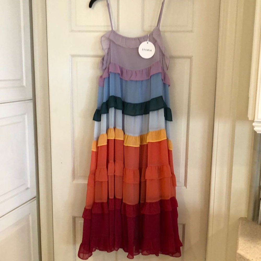 Storia Size small. Tier Ruffle Miidi Sundress.New with tags. Colorful!